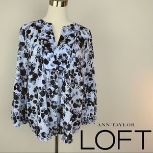 LOFT M blue floral blouse with split neck